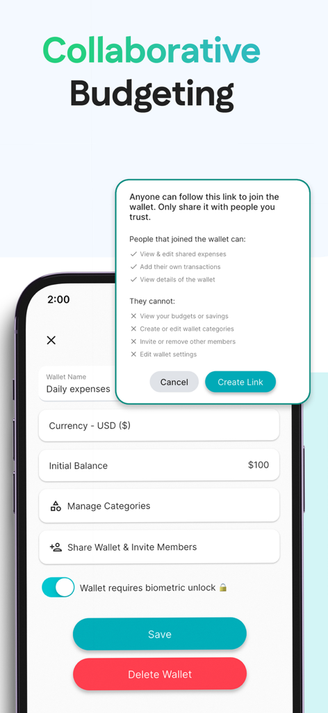 Rolly: AI Budget Money Tracker - A mobile interface for the Rolly app showing the collaborative budgeting and shared wallet invitation screen