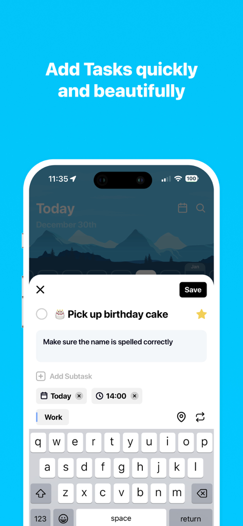 Mobile interface of the Done productivity app showing a user adding a new task with notes and scheduling options.