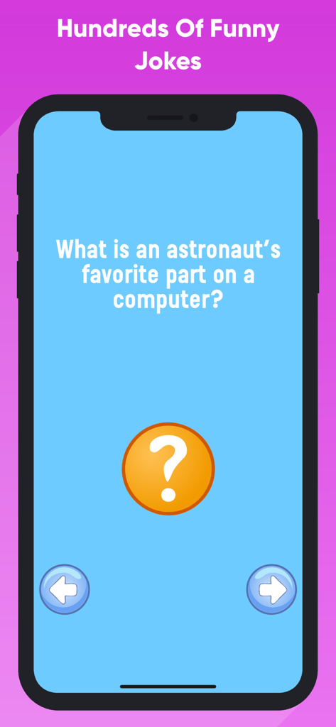 Funny Jokes And Riddles - A screenshot of the Funny Jokes and Riddles app showing a riddle about an astronaut and an orange question mark button.