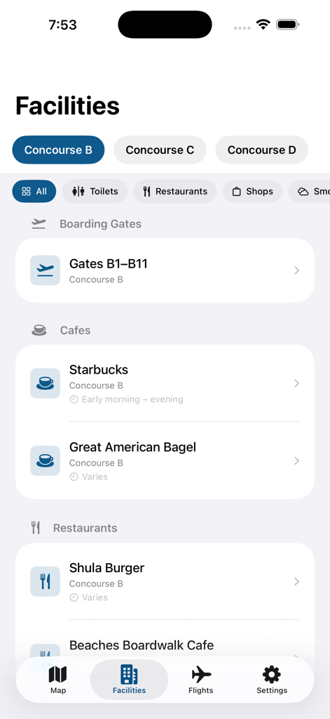 SW Florida RSW Airport - A list of airport facilities and restaurants in Concourse B at Southwest Florida International Airport