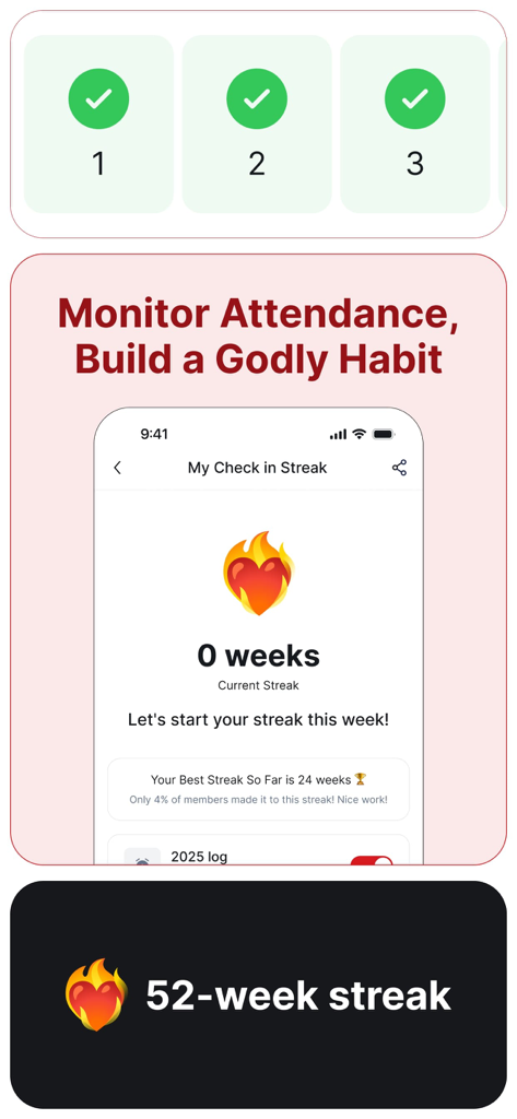 Celebration Church Int'l (CCI) - Mobile interface of the Celebration Church Int'l app showing the attendance check-in streak tracker to help users build spiritual habits.