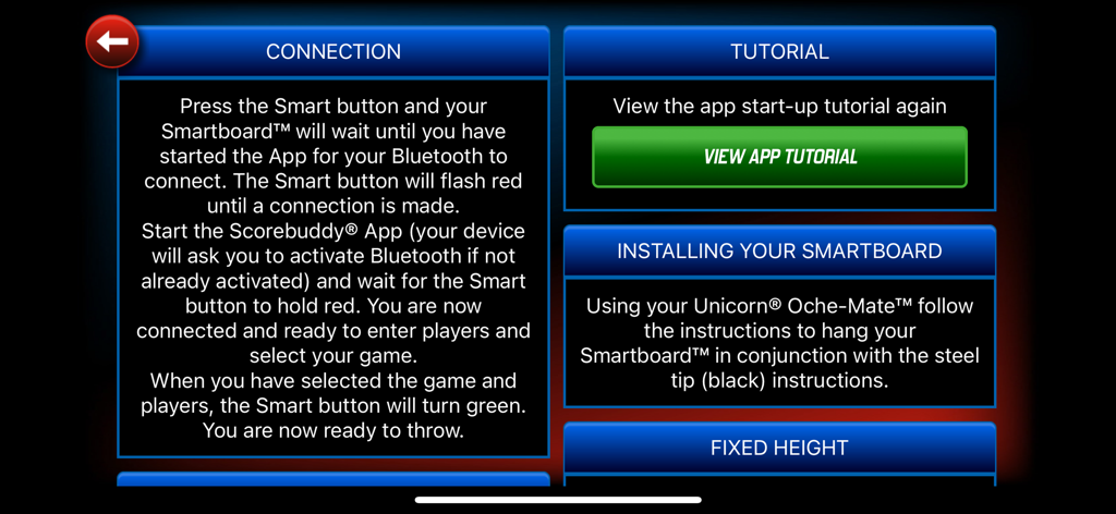 Unicorn ScoreBuddy - Unicorn ScoreBuddy help section showing bluetooth connection and smartboard installation instructions