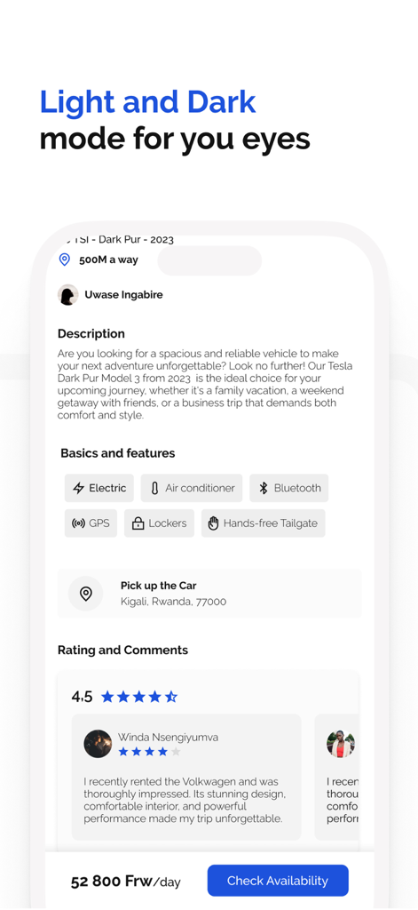 차량 기능 및 사용자 리뷰가 있는 Tesla Model 3 렌탈 목록을 보여주는 모바일 애플리케이션 화면
