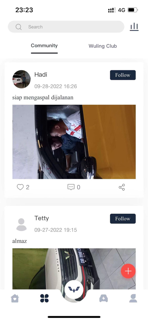 My WULING + - Feed della community nell'app My WULING plus che mostra post degli utenti e foto di auto