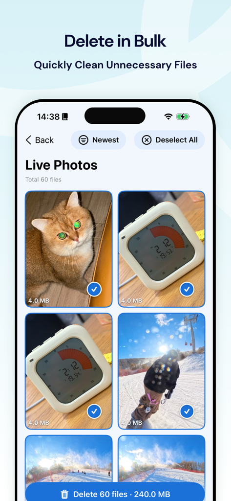 Interfaz de la aplicación CleanGo para seleccionar y eliminar múltiples fotos en vivo en bloque para liberar el almacenamiento del teléfono