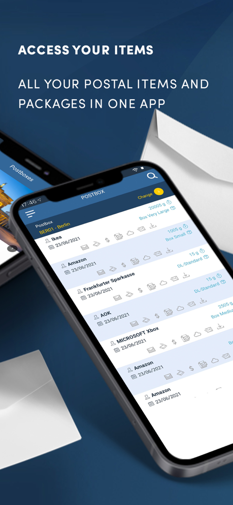 Smartphone displaying the ClevverMail app interface with a list of managed postal items and packages