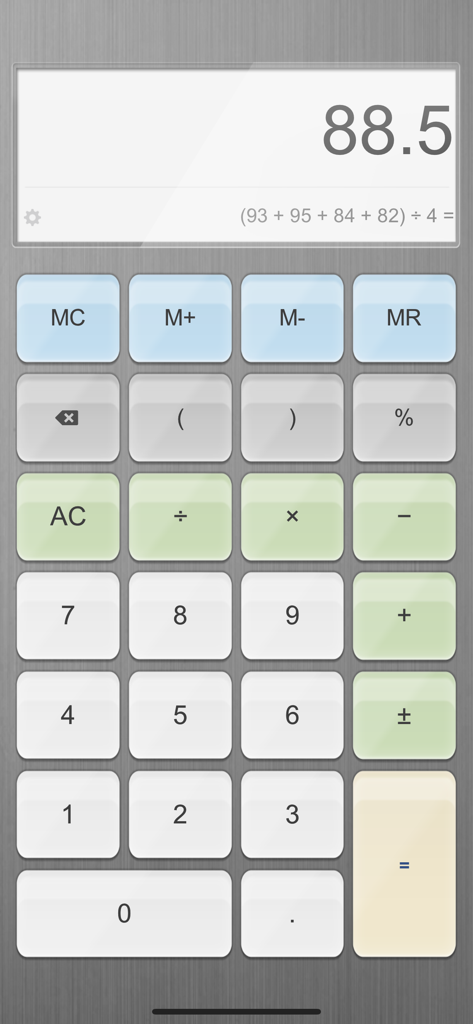 Calculator for iPad! - Interfaccia in portrait dell'app Calcolatrice per iPad che mostra una formula aritmetica e pulsanti grandi e colorati.