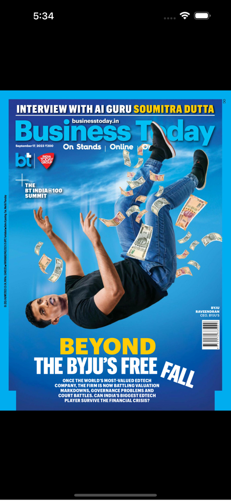 Business Today Magazine - Business Today Magazine cover titled Beyond the BYJU'S Free Fall featuring CEO Byju Raveendran falling with currency notes.