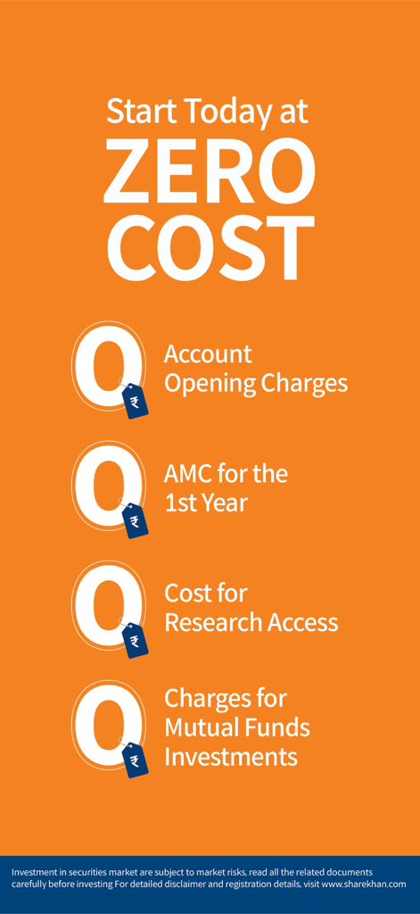 Mirae Asset Sharekhan App - A promotional graphic for Mirae Asset Sharekhan App showing zero charges for account opening, first-year AMC, research access, and mutual fund investments.