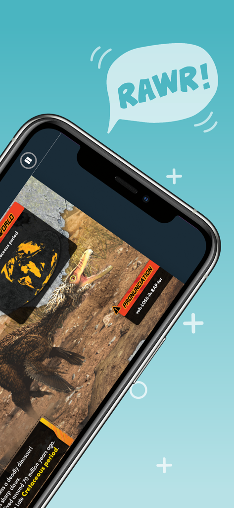Smartphone screen showing an interactive dinosaur book in the Novel Effect app with a RAWR sound effect bubble