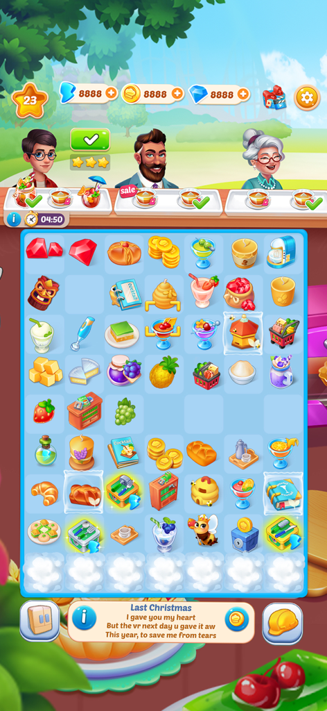 Merge Flavor: Decor Restaurant - Gameplay of Merge Flavor Decor Restaurant showing merge puzzle board with food items and customers