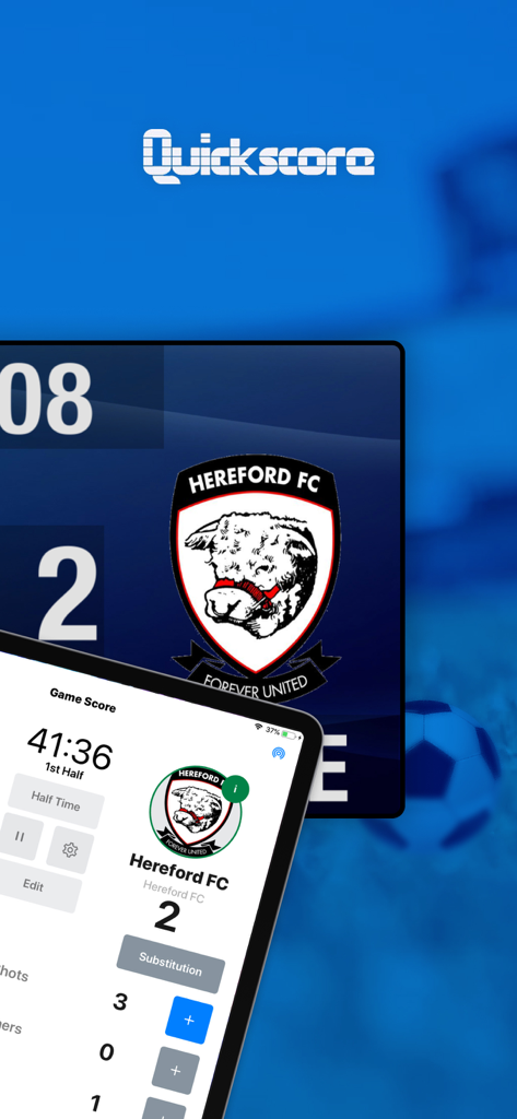 QS Football PRO - QS Football PRO scoreboard app interface on an iPad displaying live soccer match data