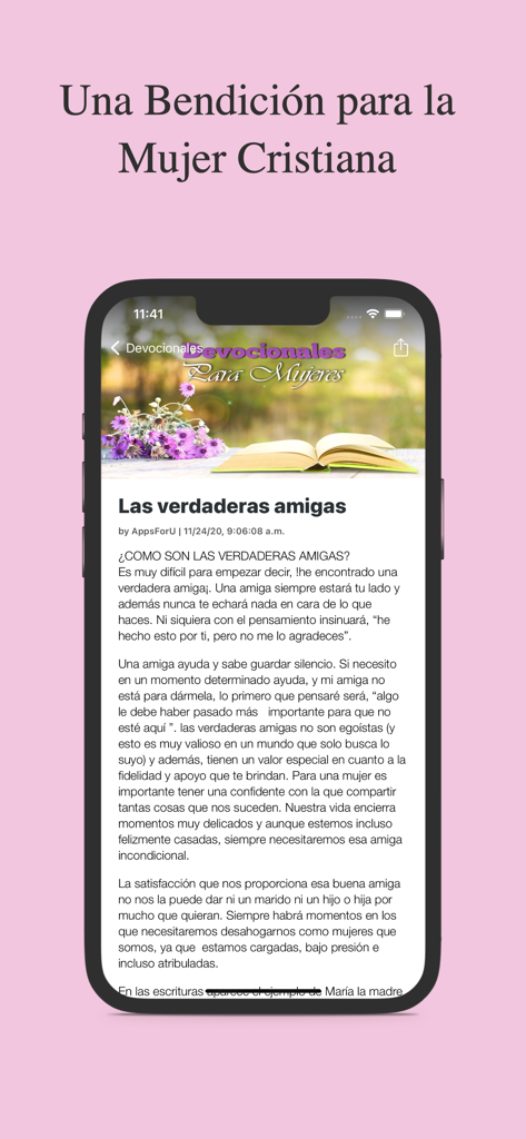 Devocionales para Mujeres - Interface of the Devocionales para Mujeres app displaying a spiritual article on friendship for Christian women