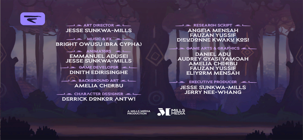 Anokye - Credits screen for the Anokye mobile game listing the development team names against a purple forest background