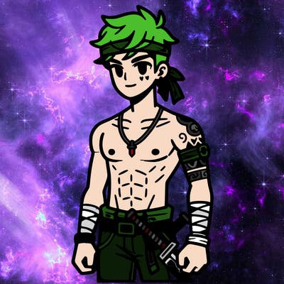 21 year old boy, earring in his left ear, 3 swords on the right side of his belt, bandana tied on his left arm, pants, no shirt, hip warmer, abs, muscles