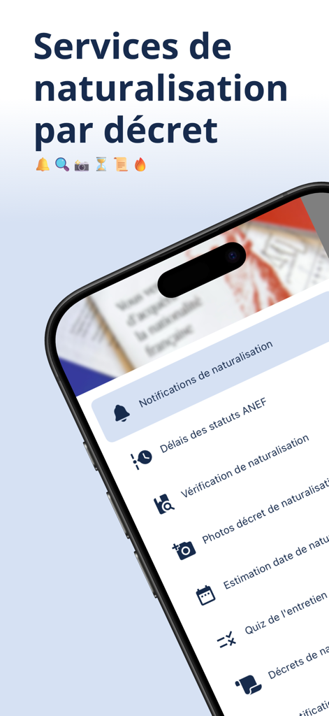 Sospréf: démarches préfecture - Pantalla de la aplicación Sospref que muestra servicios de naturalización francesa y herramientas de seguimiento administrativo.