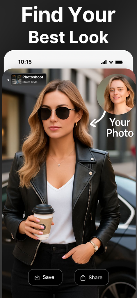 Aplicación Generador de Fotos IA que muestra la transformación de una sesión de fotos de estilo callejero de una mujer con chaqueta de cuero.