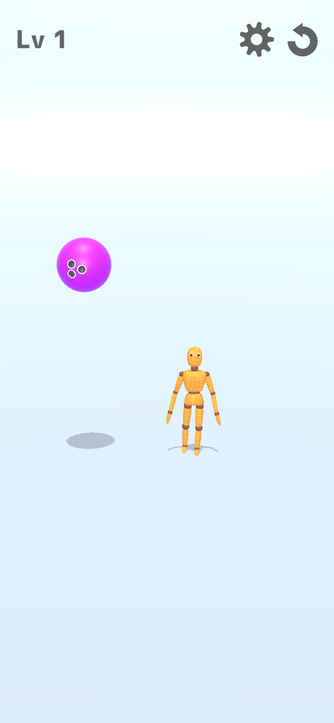 Ragdoll Break: Let's destroy! - A screenshot of Ragdoll Break gameplay showing a purple bowling ball suspended above a wooden mannequin dummy at level 1.