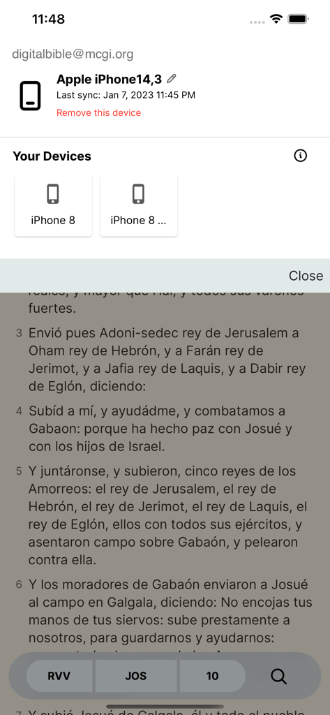 Digital Bible - Digital Bible app interface showing device synchronization and Spanish Bible text