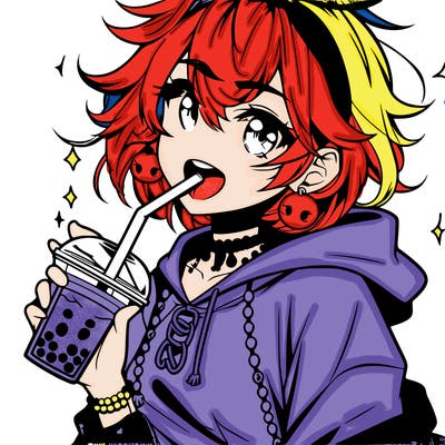 hot baddie anime girl drinking boba and biting the straw