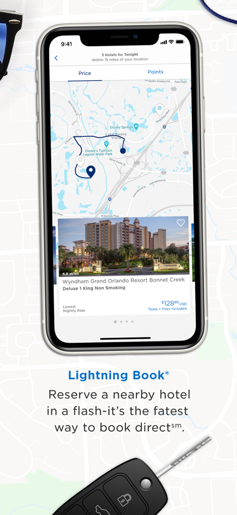 Wyndham Hotels & Resorts - Wyndham Hotels app screen demonstrating the Lightning Book feature for quick hotel reservations near the user location