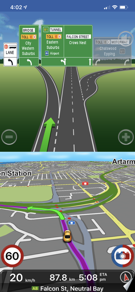 MetroView GPS Navigation app showing a split-screen with lane guidance highway signs and a 3D map view including a speed alert