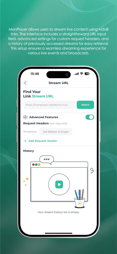 Écran de l'application MonPlayer montrant le champ de saisie d'URL pour les liens M3U8 et les paramètres d'en-tête de requête avancés.