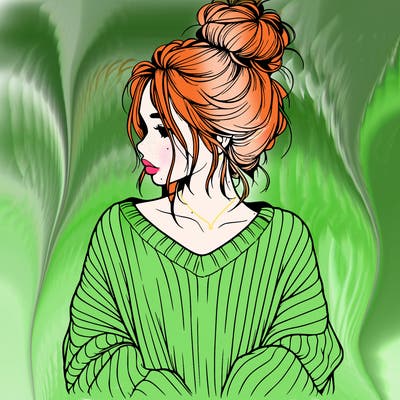 realistic girl wearing a messy bun and an oversized sweater
