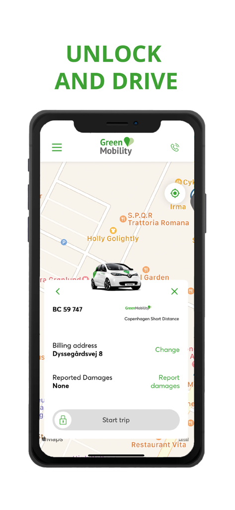 Interfaz de la aplicación GreenMobility que muestra un mapa y un botón para iniciar un viaje con un coche de alquiler eléctrico