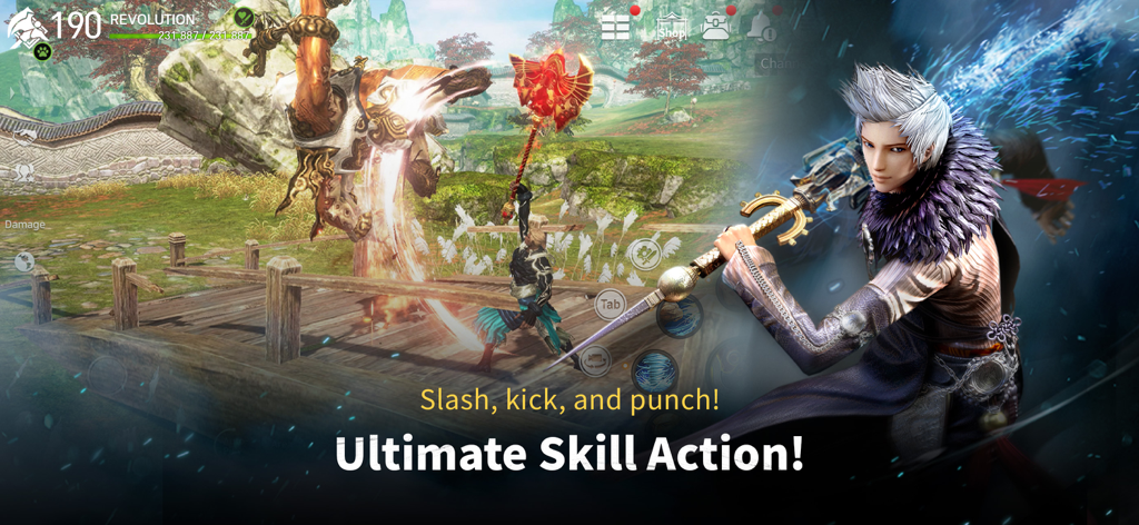 Blade&Soul Revolution - Blade and Soul Revolution gameplay showing a white-haired character performing an ultimate skill action in a fantasy landscape