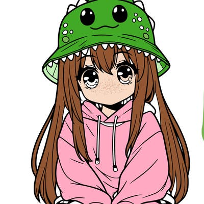 girl with anime shaped eyes with a dinosaur bucket hat oversized sweatshirt long straight hair