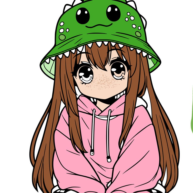 girl with anime shaped eyes with a dinosaur bucket hat oversized sweatshirt long straight hair