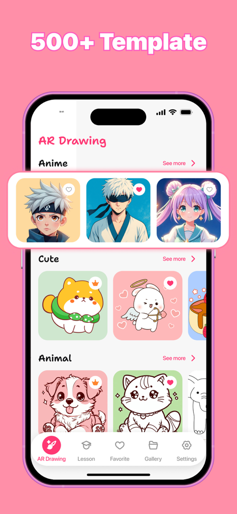 Art Tracer: Photo To Drawing - A mobile interface for Art Tracer displaying various anime and cute drawing templates.
