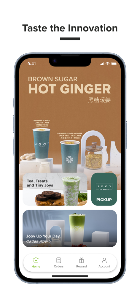 Jooy Tea Shoppe - Jooy Tea Shoppe mobile app home screen showing brown sugar hot ginger tea and pickup ordering options