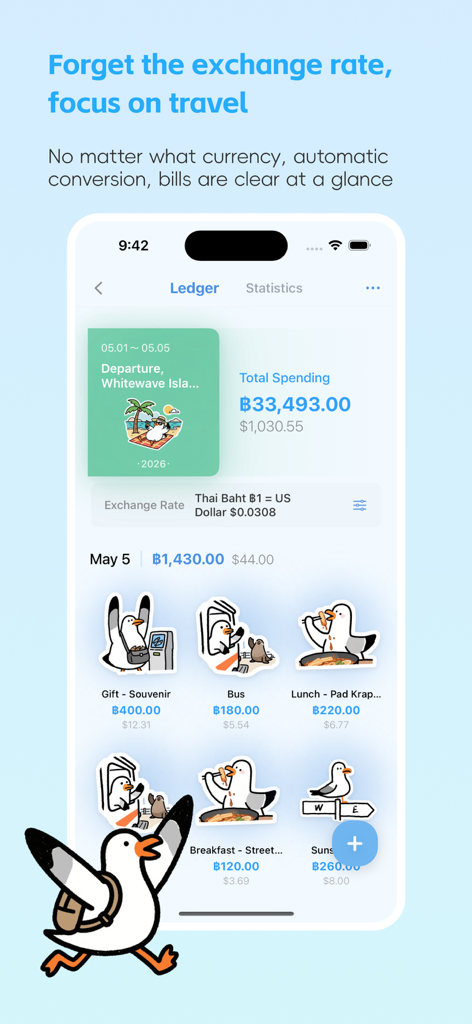 Tripledger: Sticker Trip Diary - Interface of Tripledger app showing travel expenses in Thai Baht and US Dollars with seagull stickers