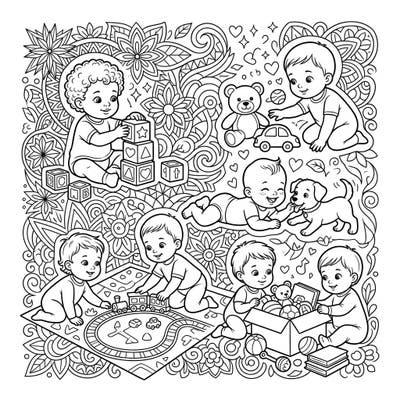 Discover a delightful scene of adorable babies engaged in playful activities, surrounded by a rich tapestry of intricate patterns. This detailed adult coloring page offers a wonderful escape, promoting relaxation and creative joy.