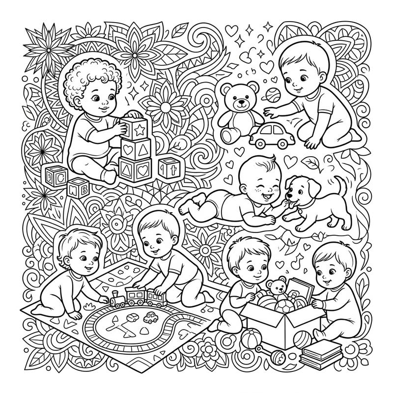 Discover a delightful scene of adorable babies engaged in playful activities, surrounded by a rich tapestry of intricate patterns. This detailed adult coloring page offers a wonderful escape, promoting relaxation and creative joy.
