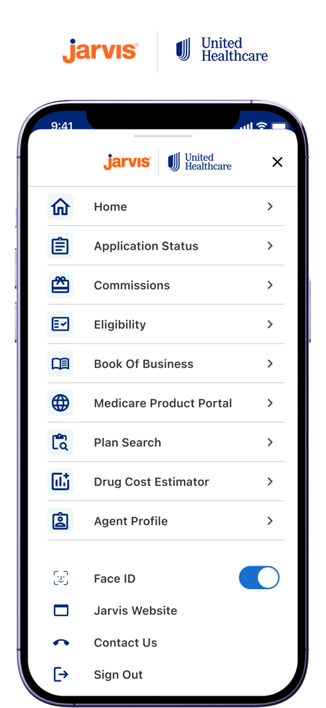 The main navigation menu of the Jarvis UnitedHealthcare mobile app for insurance agents