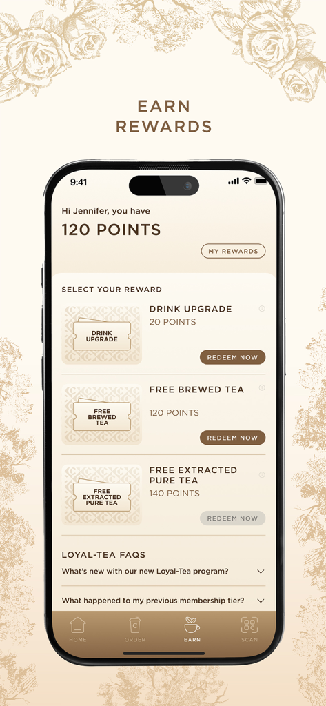 CHAGEE USA - CHAGEE USA 모바일 앱 리워드 화면으로, Loyal-Tea 포인트와 음료 교환 옵션을 표시합니다.