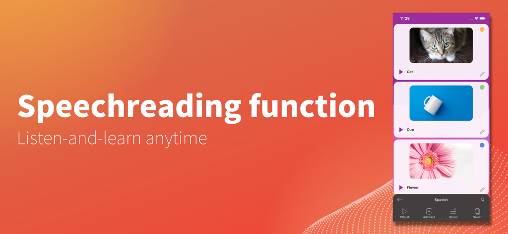 Flashcards maker app interface showing the speechreading function with audio playback for words and images.
