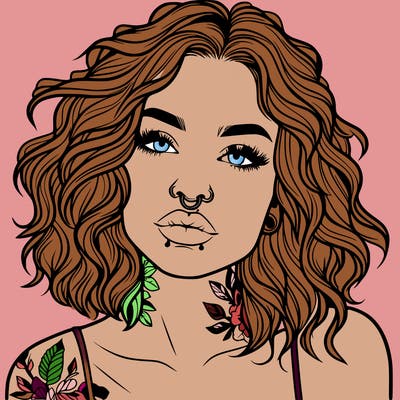 realistic woman with septum piercing and wavy hair and tattoos