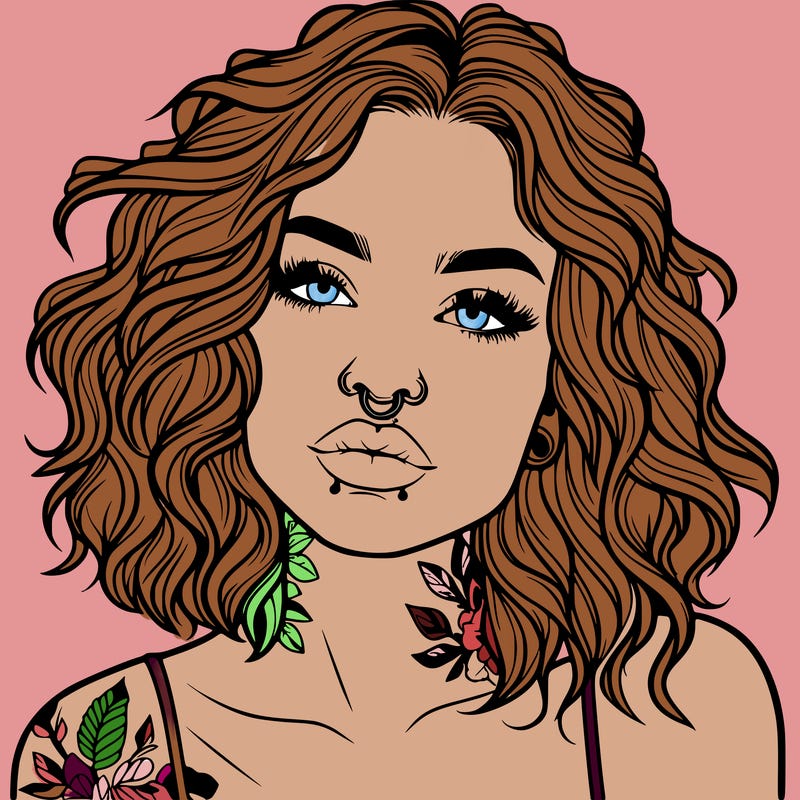 realistic woman with septum piercing and wavy hair and tattoos