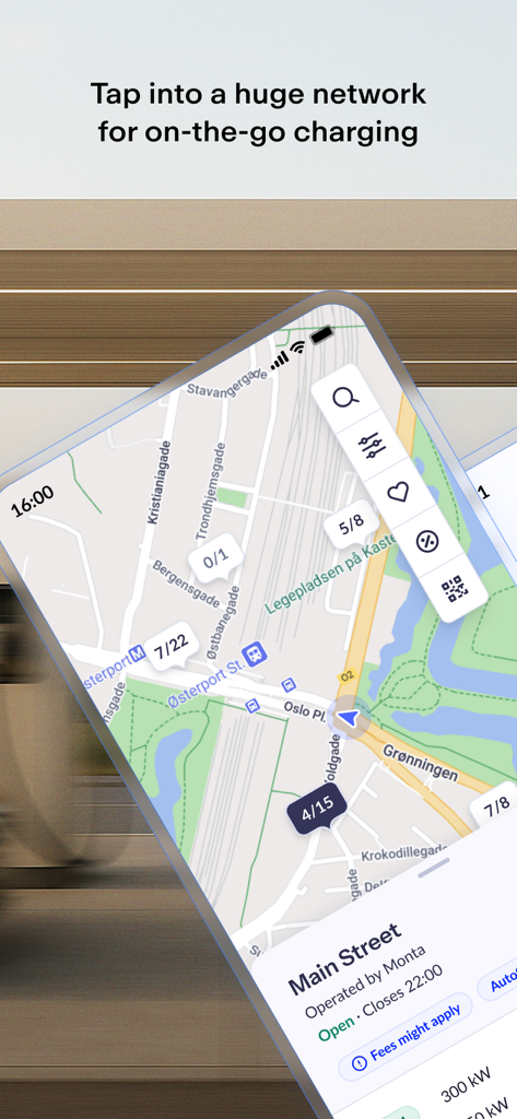 Monta Charge - Monta Charge app interface showing an interactive map of the public EV charging network with station availability