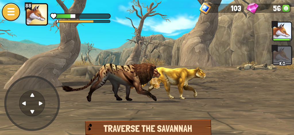 Animal Kingdoms: Wolf Sim MMO - Un león macho y una leona caminando por un entorno de sabana rocosa en Animal Kingdoms Wolf Sim MMO.