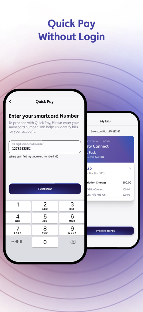 Interface of the myOSNtv app showing the Quick Pay Without Login feature with a smartcard number entry field.