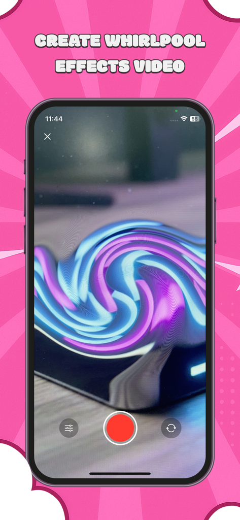 Whirlpool Challenge Filter - Interface of Whirlpool Challenge Filter app showing a colorful whirlpool distortion effect on a video screen