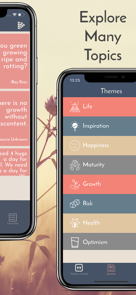 Quote of the Day+ - Quote of the Day+ アプリ画面に、人生、インスピレーション、幸福などのさまざまな引用カテゴリーやテーマが表示されています。