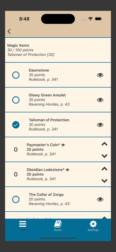 A list of magic items with point costs and rulebook references in the 2nd in Command army builder app