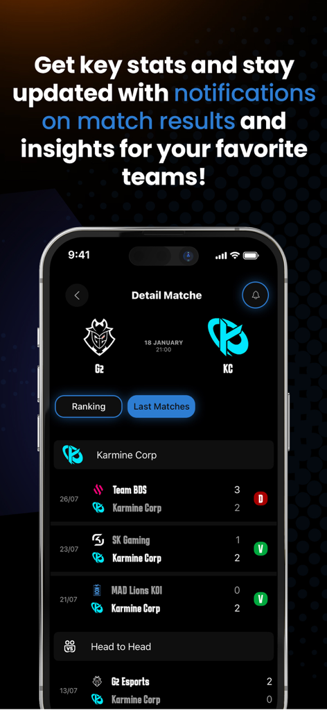 ProGames: Esports Predictions - Screenshot dell'app ProGames che mostra statistiche dettagliate delle partite e risultati recenti per i team di League of Legends.