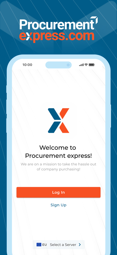 ProcurementExpress.com - Welcome screen of the ProcurementExpress mobile app with login and signup buttons